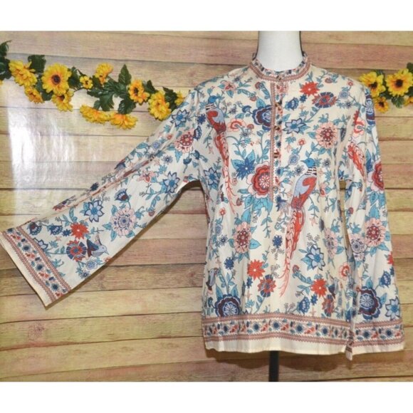 NWT Women M Tunic Blouse Shirt Colorful Peacock Print Loose Button Up Collarless - Picture 8 of 15